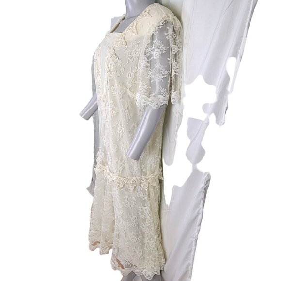 Vintage 80s Lace Midi Dress Women 12 Cream 20s Style Formal Wedding Retro Summer - Picture 11 of 13